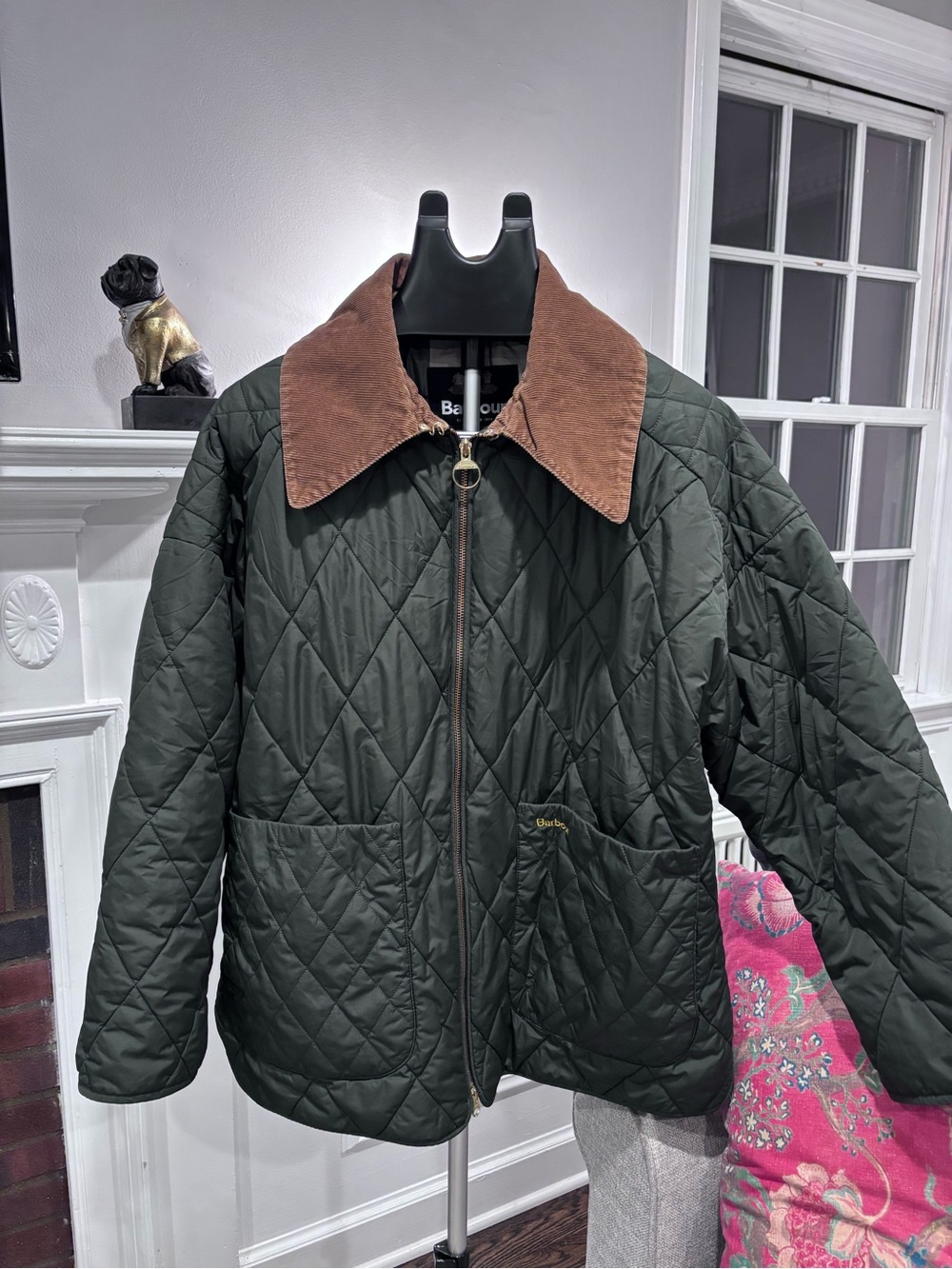 Barbour Dark Green Quilted Jacket with Brown Cord Collar